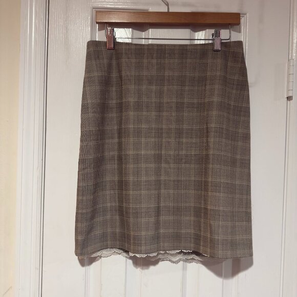 JOSEPH France Houndstooth Skirt Size 40 Lace Black Tan Office Luxury Wool - Picture 1 of 8